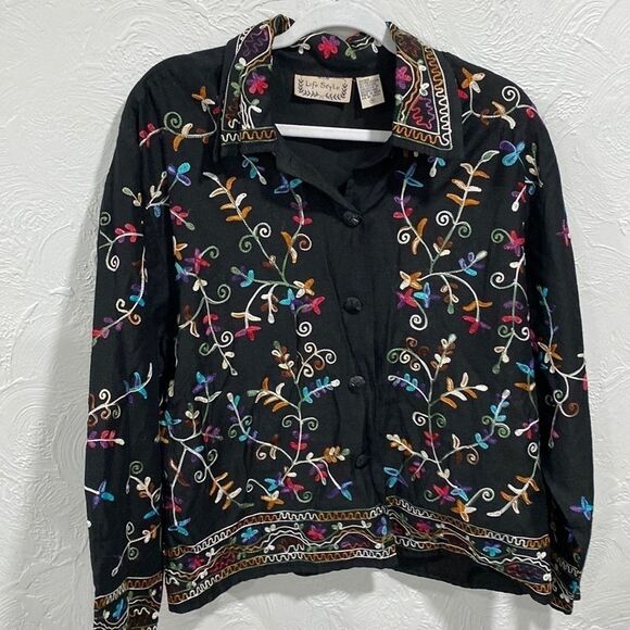 Life Style Retro Artsy Black Silk Blend Embroidered Grannycore Jacket Size Med - Picture 1 of 7
